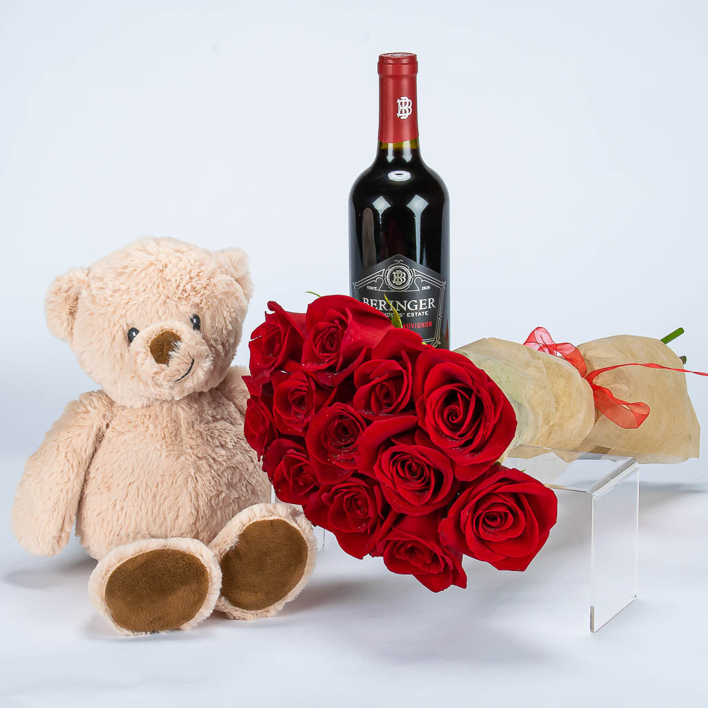 Birthday Wine with Teddy and Dozen Roses