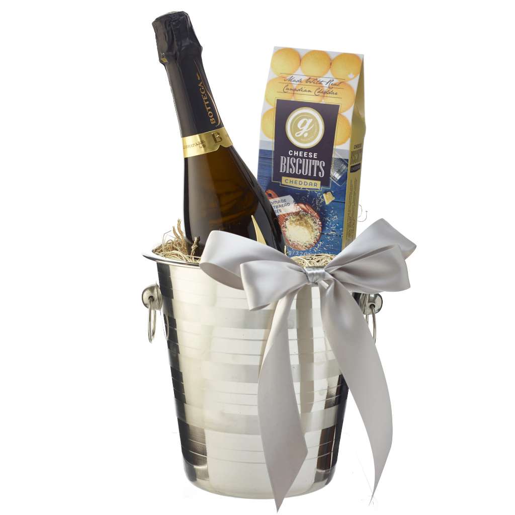 Italian Bottega Prosecco and cheese biscuits in metal champagne bucket