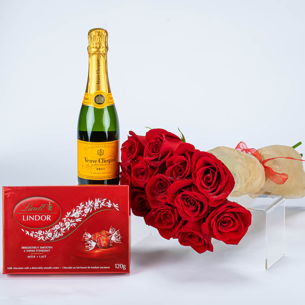 Lindor Chocolates With Champage and Red Roses