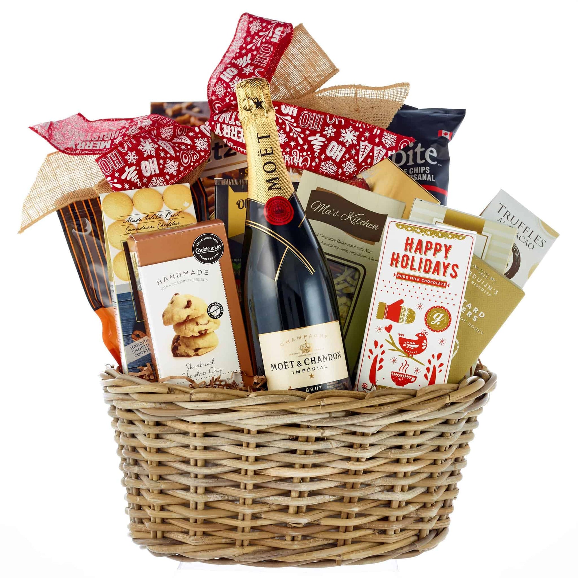 Christmas holiday gift basket with Moet and Chandon French Champagne.