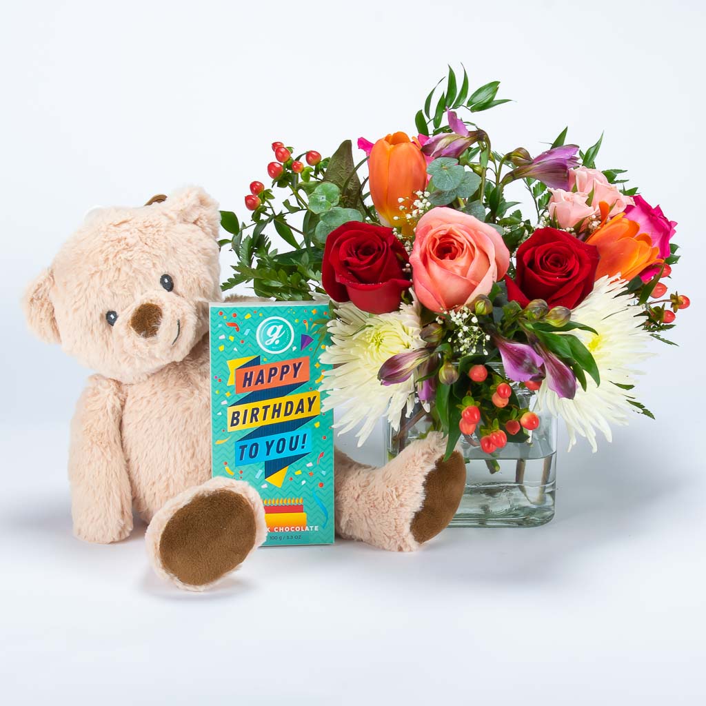 Birthday Flowers With Chocolate and Teddy
