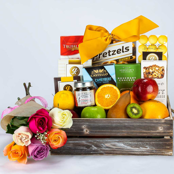 Fruit Gourmet Gift Basket With Roses MY BASKETS
