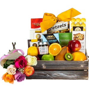 Gourmet Fruit Crate With 6 Mixed Roses