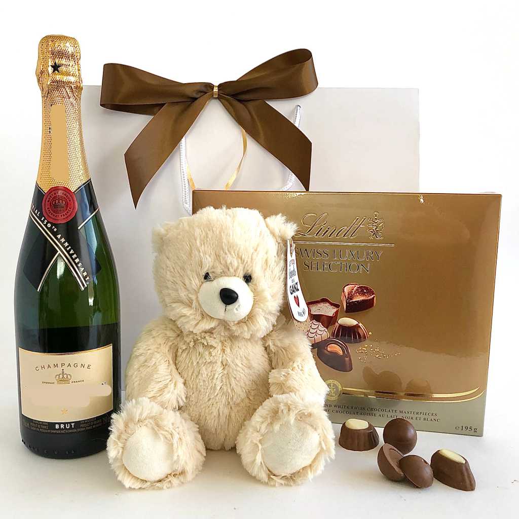 French champagne, bear plush and lindt assorted chocolate box delivery