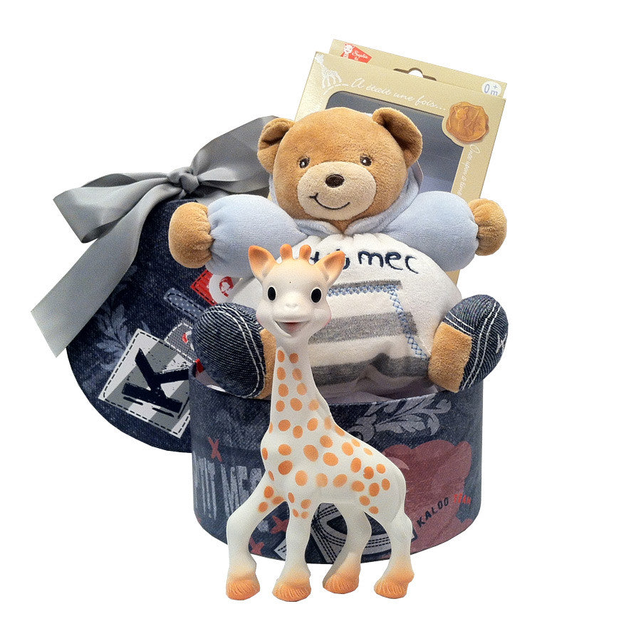 Sophie the Giraffe and Kaloo basket.