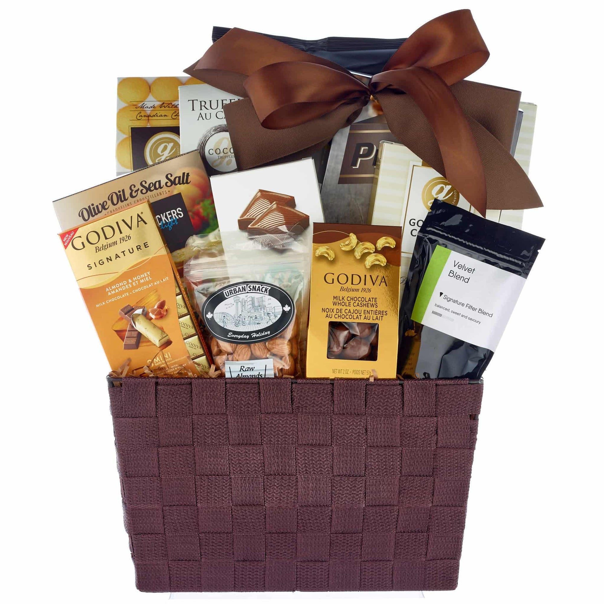 Large sympathy gift basket with godiva chocolates, nuts and crackers. 