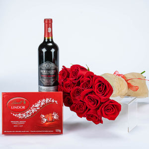 Red Wine With Chocolates and Red Roses